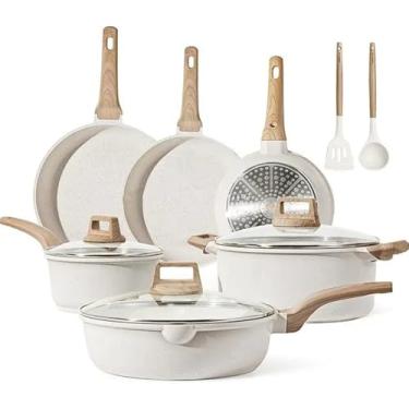 Imagem de Conjunto de 21 peças de panelas e frigideiras, conjuntos de panelas antiaderentes, panelas de indução de granito branco, conjunto de cozinha antiaderente com frigideiras, 11 peças com frigid