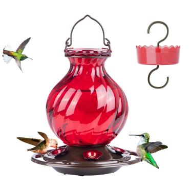 Imagem de Alimentador de beija-flor Auslar, alimentador de beija-flor de vidro de 737 g, alimentador vermelho para beija-flor para pendurar ao ar livre, 5 portas de alimentação de flores, à prova de ferrugem, à prova de vazamento, garrafa com tela em forma de botão de flor