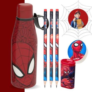 Imagem de Kit Escolar Spider Man Lápis Borracha Apontador + Copo 530ml Plasútil 