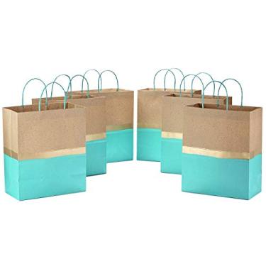 Imagem de Hallmark 13" Large Paper Gift Bags (6 Bags: Turquoise & Kraft with Gold) for Birthdays, Easter, Weddings, Mother's Day, Baby Showers, Bridal Showers or Any Occasion