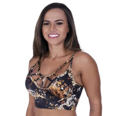 Imagem de Top fitness feminino decote tiras bojo cirrê poliamida estampado orbis