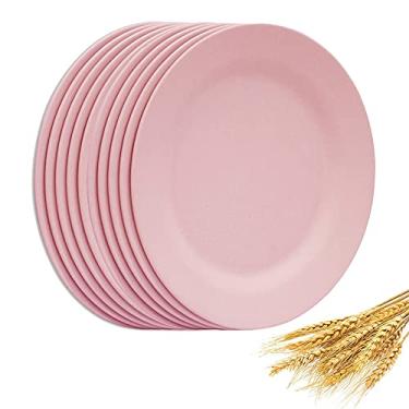 Imagem de Conjunto de 10 pratos grandes de jantar de 28 cm, pratos de sobremesa de palha de trigo reutilizáveis, prato redondo para servir salada de macarrão, talheres de fibra infantil inquebráveis para festa e pizza (rosa)
