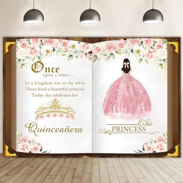 Imagem de Renaiss 2,4 x 1,8 m pano de fundo de conto de fadas Mis marmelo 15 anos fundo de fotografia Once Upon A Time Pink Storybook Princess Girls 15th Birthday Party Decors Magic Book Photo Booth Adereços