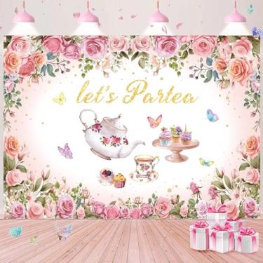 Imagem de Faixa de fundo de festa de chá primavera rosa floral borboleta Let's Partea foto fundo princesa país das maravilhas chá da tarde fotografia banner meninas mulheres chá de bebê suprimentos de