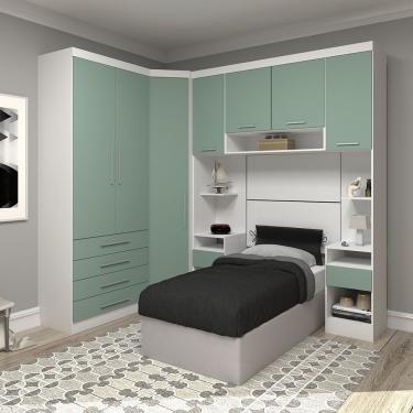 Imagem de Quarto De Canto Solteiro Com Guarda Roupas E Mesas De Cabeceira Alpes Luciane Móveis Branco Pf Com Verde Pf