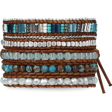 Imagem de G2F DESIGN Pulseira para mulheres – Pulseira feita à mão vegana Boho em camadas de pedra natural, pulseiras de contas empilháveis da Tailândia, pulseiras hippie de verão, joias modernas para meninas adolescentes, Pedras minerais azuis, cristais, contas, metais, cordão de cera genuína, Cristal