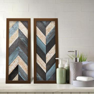 Imagem de Kit 2 Quadros Decorativos Lavabo Madeira Chevron Preto Azul Ripas - De