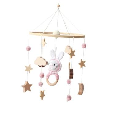 Imagem de Milageto Brinquedo sensorial móvel para bebês de madeira, chocalho de berço para bebês, berçário boho celular para decoração, Coelhinho Rosa