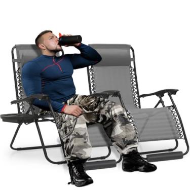 Imagem de MoNiBloom Conjunto de 2 cadeiras grandes de gravidade zero de 73 cm, poltronas reclináveis antigravidade para pátio, espreguiçadeira dobrável GG com suporte para copos, encosto de cabeça e apoio para