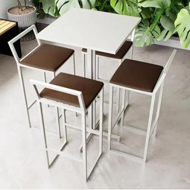 Imagem de Conjunto Mesa Alta Bar Bistrô Quadrada Branca 4 Banquetas Confort Estofado Industrial White (Marrom)