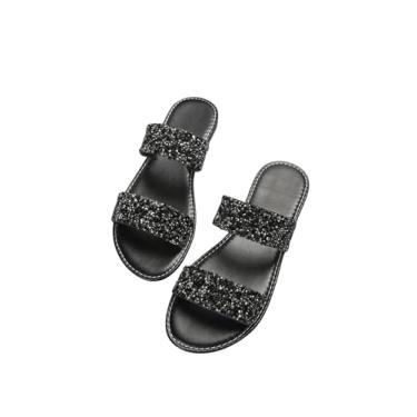 Imagem de Verdusa Chinelos femininos de couro sintético com strass e duas alças abertas e sem cadarço, Preto, 41