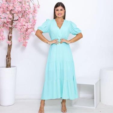 Imagem de Vestido Feminino Midi Manga Curta com Forro e Decote V Look  Elegante 