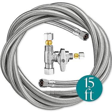 Imagem de Kit de linha de água para máquina de gelo para geladeira – Linha de água de geladeira trançada de 4,5 m com acessórios de compressão de 0,63 cm, núcleo de tubulação Pex e divisor de água