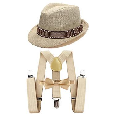 Imagem de IZKIZF Fantasia Infantil 1920 Fedora Gangster Chapéu Y-Back Suspensórios Gravata borboleta Casamento Aniversário Festa Halloween Cosplay Traje 2-15T, 001 Khaki, 7-15 Years