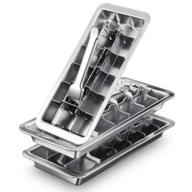Imagem de Yaocom Pacote com 3 formas de cubos de gelo de aço inoxidável e bandeja de cubos de gelo com 18 compartimentos para barras, cozinhas, alavancas, remoção de cubos, fácil remoção, moldes de congelador