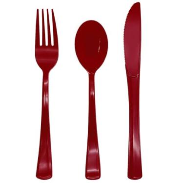 Imagem de Pacote com 150 talheres de plástico bordô, talheres de plástico marrom, resistente, conjunto de talheres Burgund descartável, 50 garfos, 50 colheres e 50 facas para decoração de festa de formatura de