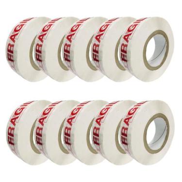 Imagem de Kit De 10 Rolos Fita Adesiva Cuidado Frágil Durex 300 Metros Embalagem