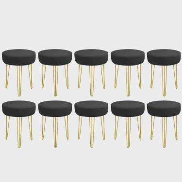 Imagem de Kit 10 Banquetas Puff Jullia Luxo 55cm Industrial Ferro Dourado Corino Preto - Ahz Móveis