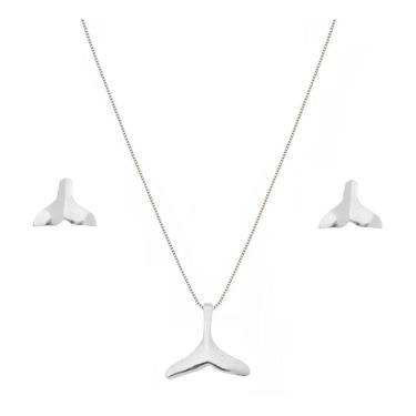 Imagem de Colar E Brincos Feminino Rabo Baleia, Sereia Prata Maciça