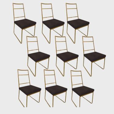 Imagem de Kit 09 Cadeiras Sala de Jantar Escritório Office Stark Industrial Ferro Dourado Suede Marrom - Ahz Móveis