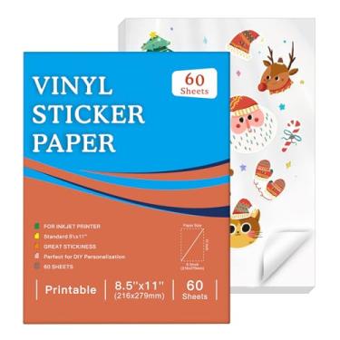 Imagem de 60 folhas de papel adesivo de vinil imprimível premium para impressora a jato de tinta - papel adesivo branco brilhante 21,6 x 28 cm, seca rapidamente cores vivas, mantém bem a tinta - resistente a