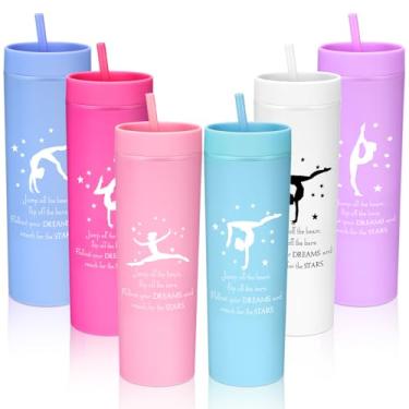 Imagem de Ninehaoou 6 peças de presentes de ginástica para meninas e mulheres, garrafa de água de 473 ml, lembrancinha de festa de ginástica, copos finos de plástico com tampas e canudos para amantes de ginasta