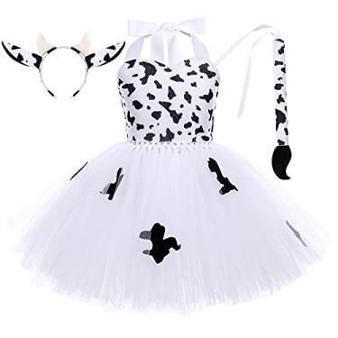 Imagem de Conjunto de 3 peças de vestido tutu de vaca para meninas, com orelhas de vaca, cauda de vaca, fantasia de animal, fantasia de Halloween, cosplay, roupa de festa de aniversário, bebê menina com tema selva, vestido de cosplay branco vaca 5-6 anos