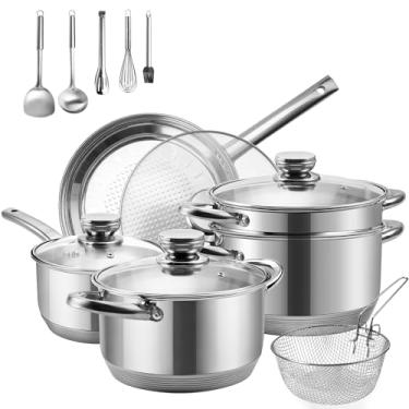 Imagem de Wodillo Conjunto De Panelas 15 Peças, E Frigideiras Aço Inoxidável, Antiaderentes, Para Molhos, Vaporizadores Alimentos Sopa Com Fundo Multicamadas, Compatível Indução