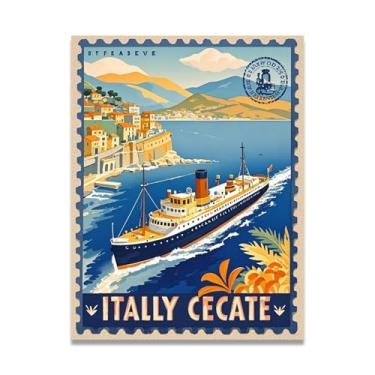 Imagem de Clássico barco a vapor cena costeira vintage italiano navio a vapor impressão em tela - carimbo de papel envelhecido 50 x 65 cm