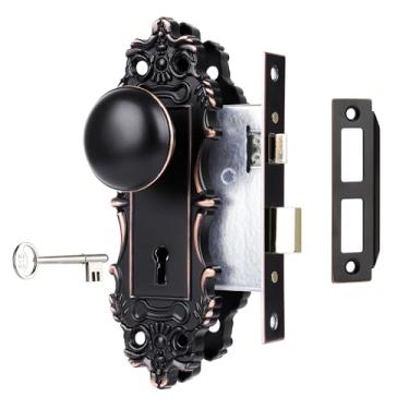 Imagem de Conjunto de trava de encaixe para porta interna, maçaneta de porta antiga com trava e chave de esqueleto, substituição de trava de maçaneta estilo antigo, maçanetas vintage para portas internas