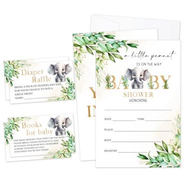 Imagem de LWBEO Convites de chá de bebê Greenery, convites de preenchimento de elefante para anúncio de bebê revelação de gênero, lembrancinha de festa (25 convites com envelopes, 25 bilhetes de sorteio Dipaer