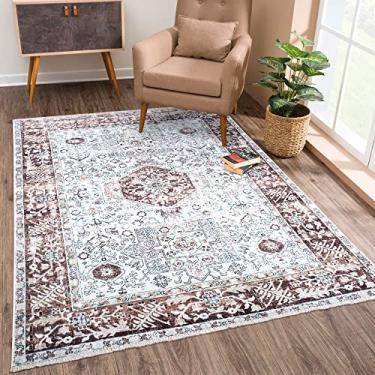 Imagem de Bloom Rugs Tapete lavável antiderrapante 2x3 - Tapete de área oriental tradicional bege/marrom para sala de estar, quarto, sala de jantar e cozinha - Tamanho exato: 5 x 7 cm