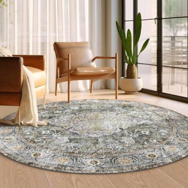 Imagem de Ashler Vintage 4x4 Tapete Boho Redondo para Sala de Estar, Quarto, Cozinha, Jantar - Cinza Cya/Amarelo Terroso, Decoração de Carpete Antiderrapante e Lavável à Máquina