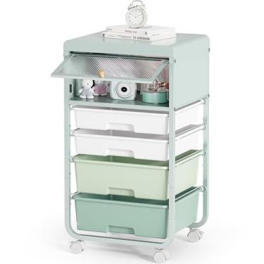 Imagem de SYKIARIOL Organizadores de carrinho de artesanato com 4 gavetas e porta à prova de poeira para sala de arte de artesanato infantil, quarto, escritório em casa, carrinho de gaveta de 4 camadas, verde