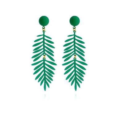 Imagem de Brincos femininos de folha de palmeira com pingente de folha de palmeira brincos boho longos pendurados verde tropical planta declaração brinco gota amante da natureza joias modernas, One Size, Metal,