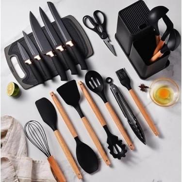 Imagem de Utensilios para Cozinha Silicone Kit com 19 Peças Cabo Madeira Conjunto Completo Espátula Concha Colher Jogo Suporte Faca Antiaderente Tabua Tesoura Faqueiro (PRETO) (Preto)