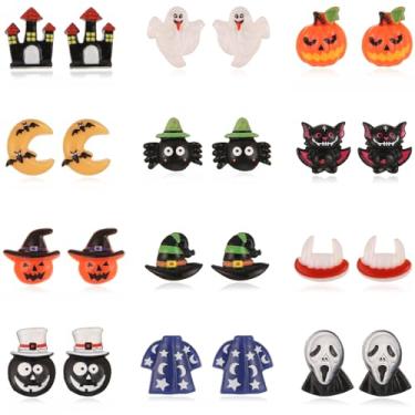 Imagem de Spiritlele 12 pares de brincos magnéticos de Halloween com clipe de resina, brincos falsos sem piercing para mulheres e meninas festa, Aço inoxidável, Sem pedra preciosa