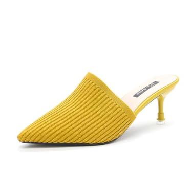 Imagem de EGEBS Sandálias femininas de malha fechada bico fino salto gatinho mules moda respirável malha slip-on stiletto sandálias para festa baile encontro elegante slides, Amarelo, 33