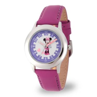 Imagem de Disney Relógio infantil de aço inoxidável W00039 Minnie Mouse Time Teacher com pulseira de couro roxo, Roxa, NO SIZE, Relógios Infantis