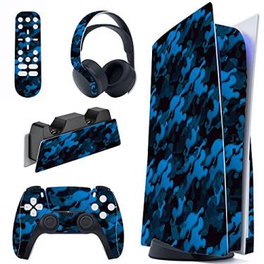 Imagem de PlayVital Conjunto completo de decalque camuflado preto azul para console PS5 edição de disco, adesivo de vinil para controle PS5, estação de carregamento, fone de ouvido e controle remoto de mídia