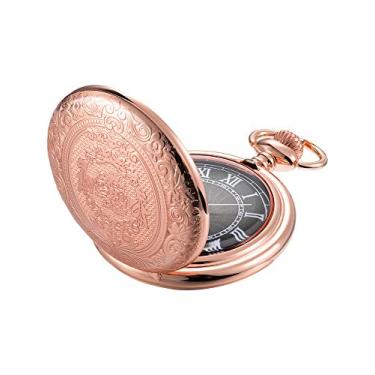 Imagem de Relógio masculino Hicarer com bolso de quartzo com mostrador preto e corrente, Rose Gold