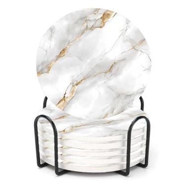 Imagem de ubcindy Porta-copos de mármore natural branco e dourado para bebidas, conjunto de 6, porta-copos redondos absorventes de pedra cerâmica com suporte de metal, porta-copos com base de cortiça para mesa