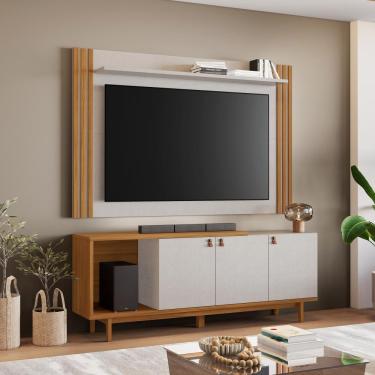 Imagem de Conjunto Para Sala Rack Nt1380 E Painel Nt1375 Ripado Off White-freijó Notável Móveis Off White-freijó