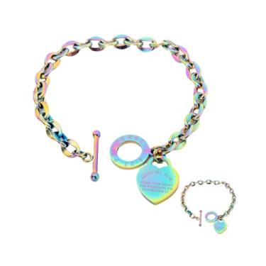 Imagem de pichuxiu Pulseira de coração colorida banhada a pingente pulseira de coração para mulheres, fecho OT com escrituras, aço inoxidável, 7.1 inches, Aço inoxidável, Sem Pedra Preciosa