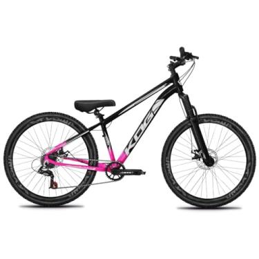 Imagem de Bicicleta Aro 26 KOG Freeride 1x7 – Estilo Grau, Suspensão 29”, Freios a Disco, Aros Vmaxx Neon – Bike Urbana de Alta Performance, Preto Rosa, Adesivo Branco,Vmaxx Preto Fosco