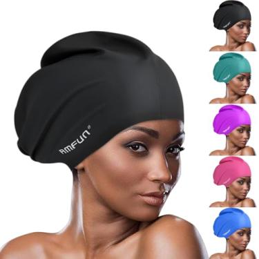 Imagem de AMFUN Touca de natação para cabelos longos, toucas de natação extragrandes para mulheres e homens, touca de natação de silicone para adultos, chapéu de natação impermeável para dreadlocks, tecidos,