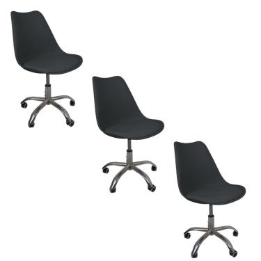 Imagem de Kit 3 Cadeiras Office Base Cromada Com Rodizio Giratória Saarinen Preto