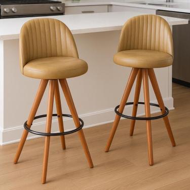 Imagem de Kit 2 Banquetas Giratória Com Assento Estofado E Base Em Madeira Castanho – Lara Exclusiva Courino Durango Kaki