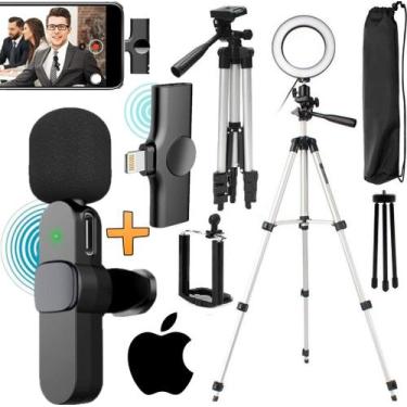 Imagem de Kit Blogueiro Tripé Profissional + Microfone Lapela Sem Fio iOS Luz Lu