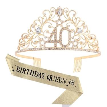 Imagem de BRT Bearingshui Conjunto De Faixa E Tiara Para Aniversário 40 Anos Mulheres, Dourada Queen, Lembrancinha Festa 3 Peças